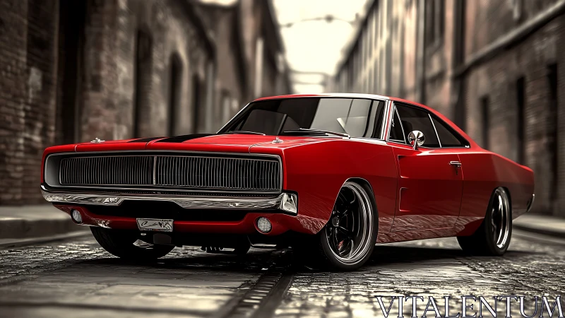 Red classic muscle car on cobblestone city street at dusk.