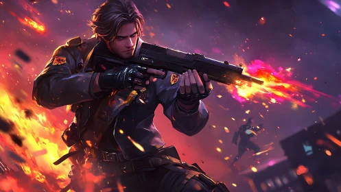 Elite soldier unleashes rifle fire through neon battlefield