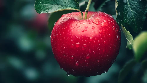 Ripe red apple with water droplets on tree branch outdoors.