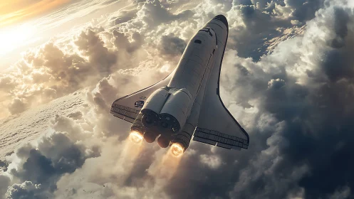 Orbital spaceplane ascending through dense cloud layer.