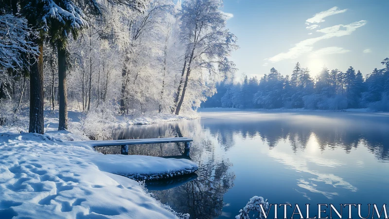 Snow covered lakeside forest reflects clearly in still water