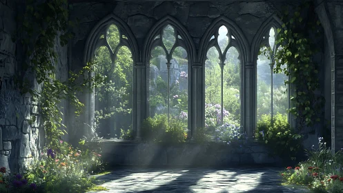 Gothic stone hall opens onto lush sunlit forest garden