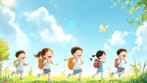 Children running outdoors with backpacks on sunny day.