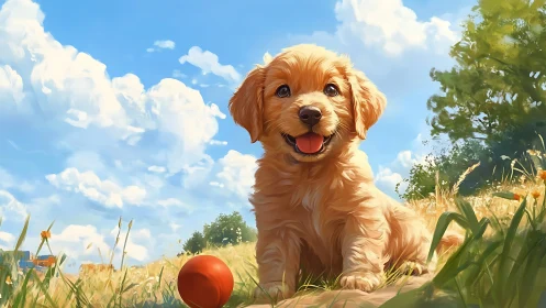 Golden puppy resting in sunlit meadow with red ball.