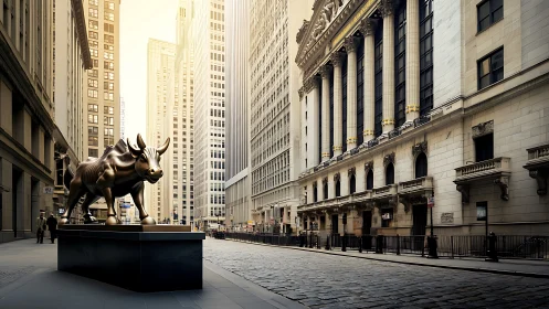 Golden bull statue dominates empty neoclassical financial street