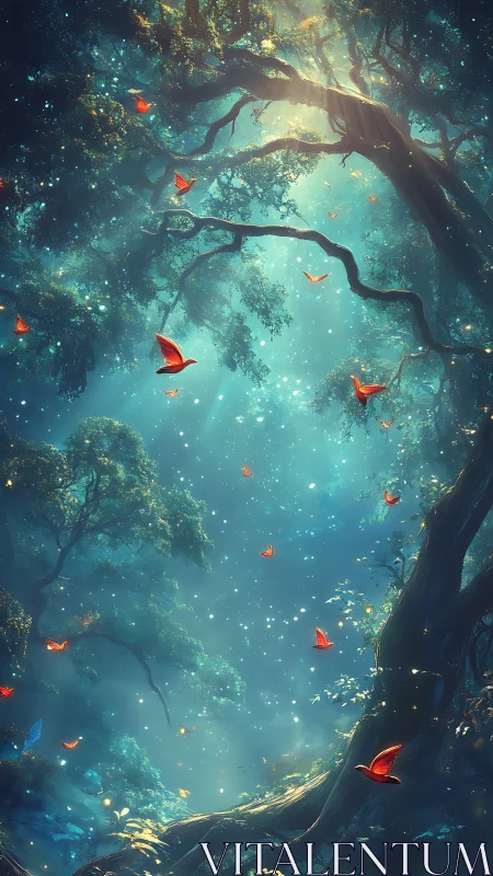 Enchanted forest glows as crimson butterflies drift skyward.