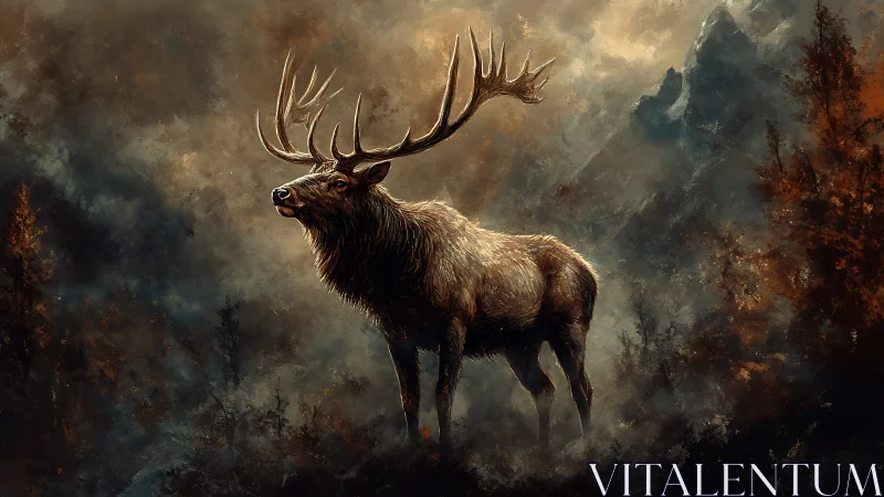 Large stag stands in misty mountainous forest environment