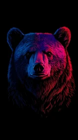Neon-lit bear portrait glows with vivid blue and magenta hues.