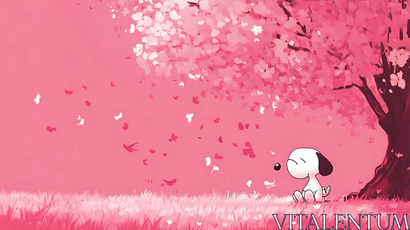 Snoopy Contemplating Cherry Blossoms in Pink Haze.