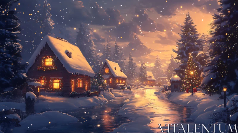 Snowy Christmas village with glowing cabins at dusk.