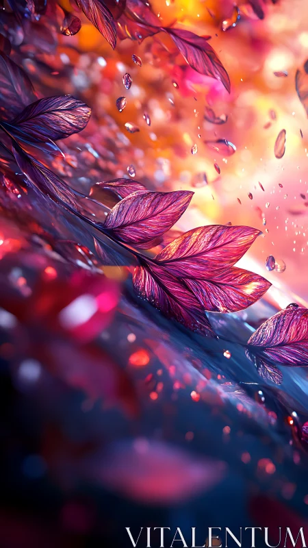 Iridescent magenta leaves with refracted droplets in bokeh glow.