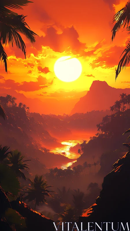 Intense tropical valley sunset over glowing river gorge.
