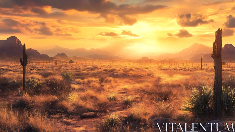 Sunlit desert valley with cacti silhouettes and glowing sky.