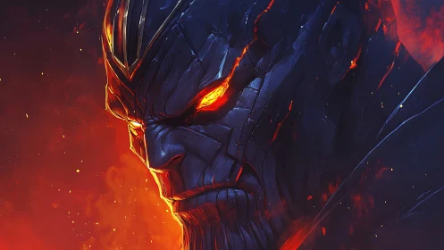 Dark armored figure with glowing lava-like eyes and cracks.