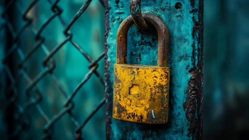 Weathered yellow padlock on corroded turquoise metal gate.