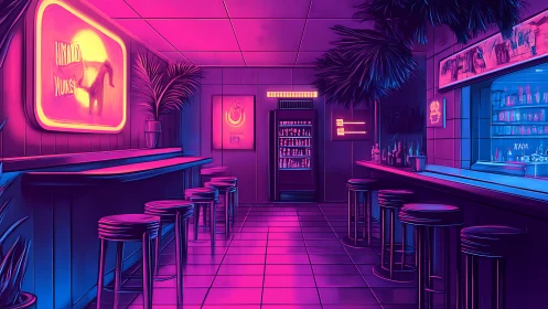 Neon-lit retro synthwave bar interior with magenta cyan glow