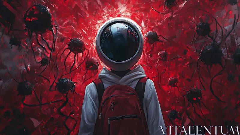 Isolated backpacked figure in reflective helmet amid red swarm