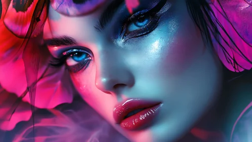 Close-up digital portrait shows stylized face in neon light