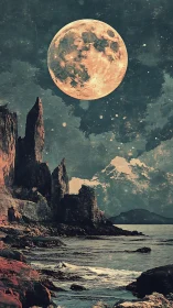 Enormous moon hangs over jagged coastal cliffs at dusk.