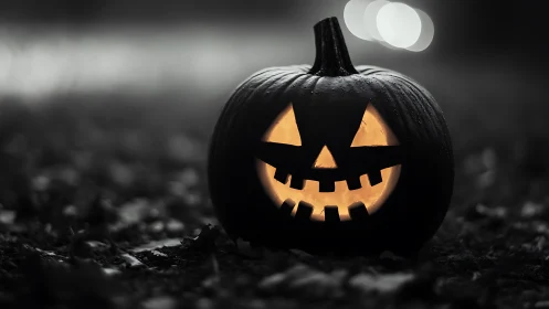 Grinning jack o lantern rules a foggy grayscale Halloween night.