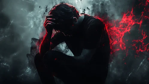 Silhouetted man crouched in turmoil with red energy burst.