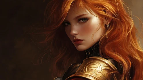 Fiery-haired warrior in ornate gilded armor portrait.
