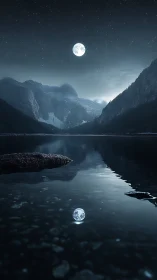 Moonlit alpine lake with reflection under starry night.