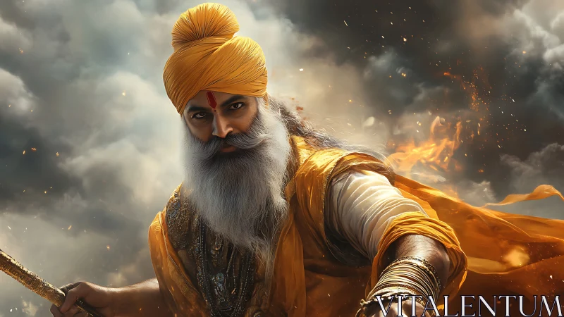 Regal warrior sage strides forward through storm and fire