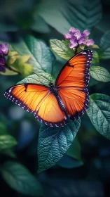 Orange butterfly on green leaf with blurred foliage backdrop.
