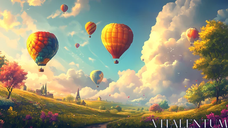 Colorful hot air balloons drifting over a dreamy valley sky.