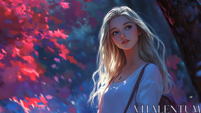 Ethereal blonde figure in luminous forest bokeh light.