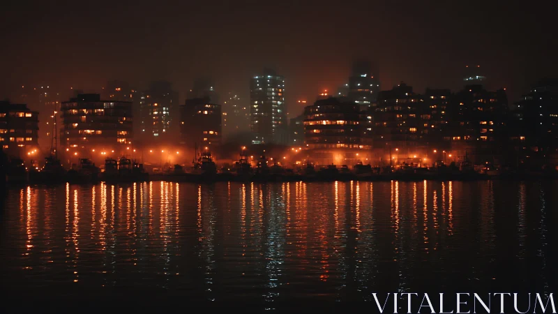 Harborfront city skyline glows through dense coastal fog.