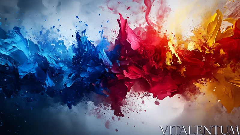 Vivid blue, red, and yellow paint explosion on gradient background.