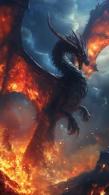 Inferno-winged dragon crowned in stormlit volcanic fire.