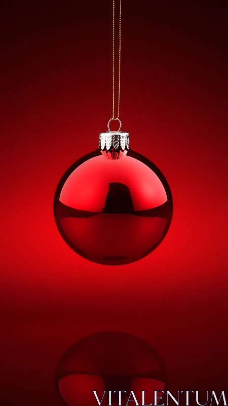 Red glass ornament hangs against uniform red gradient backdrop