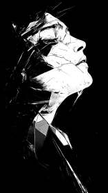 Fragmented monochrome portrait with angular shatter effects.