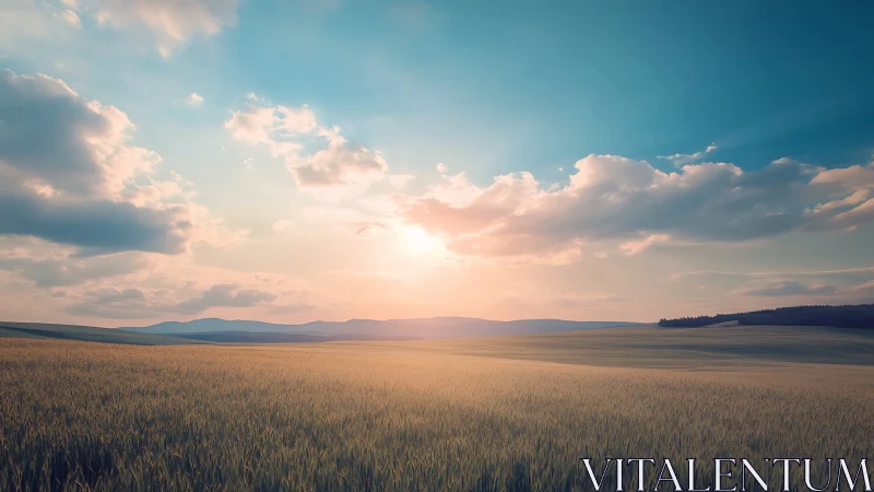 Sunlit wheat horizon under a dreamy, wide open sky.
