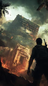 Jungle ruin inferno and lone adventurer facing collapsing titan.
