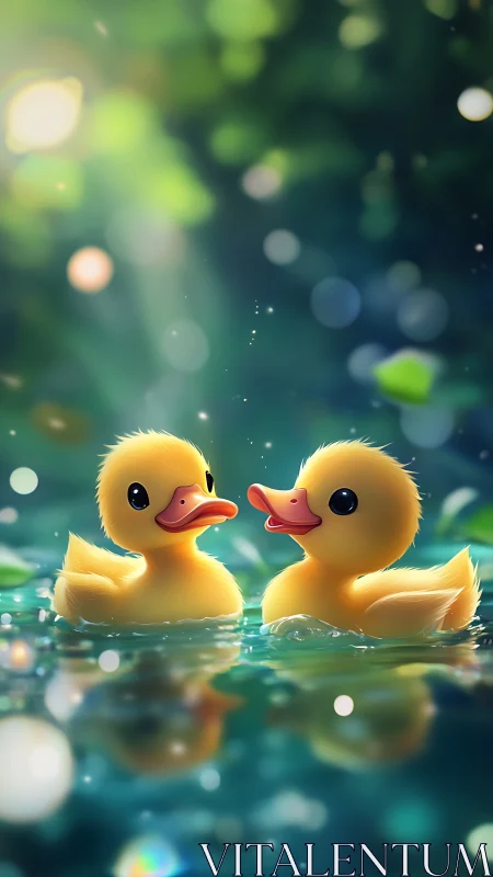 Playful duckling duo drifting in dreamy pond light.