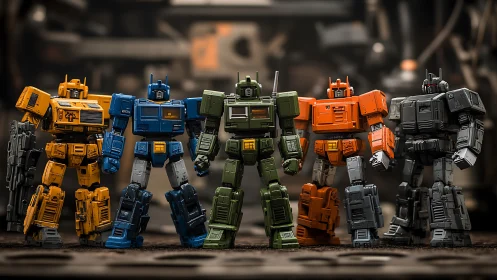 Lineup of multicolored robot action figures on display.