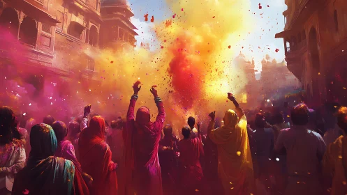 Street festival crowd under dense colored powder clouds.