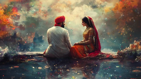Romantic Indian couple beside reflective dreamlike water.
