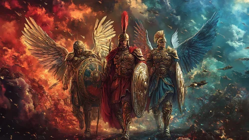 Winged guardians stride between fire and stormy skies.