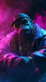 Neon-lit anthropomorphic ape rapper in volumetric rim lighting