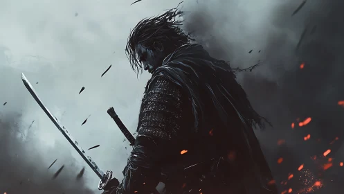 Brooding swordsman in stormy embers amid drifting ash.