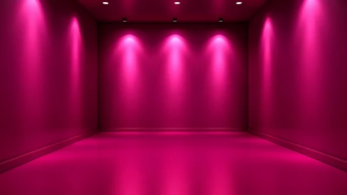 Magenta exhibition room with symmetric spotlights and glossy floor