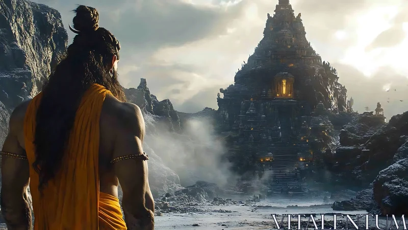 Mystic wanderer gazes toward a glowing mountain temple gateway