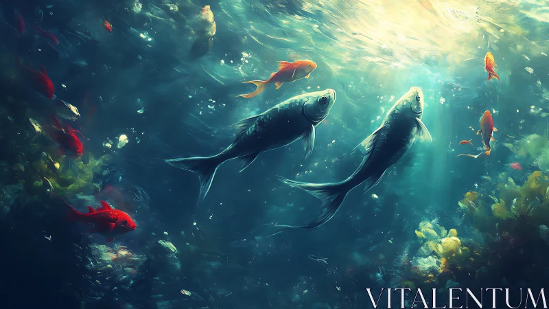 Silver koi glide through sunlit teal water among goldfish