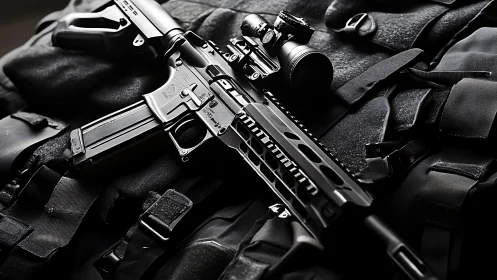 Tactical AR-15 Rifle Setup with Mounted Scope on Black Fabric. Professional equipment configuration 