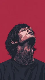 Tattooed young man in stylized portrait on red background.